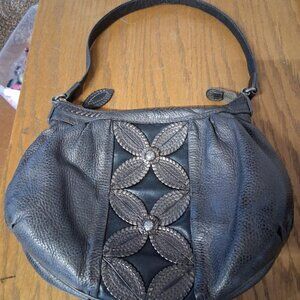 Brighton Black Leather Shoulder Bag With Floral Embellishments